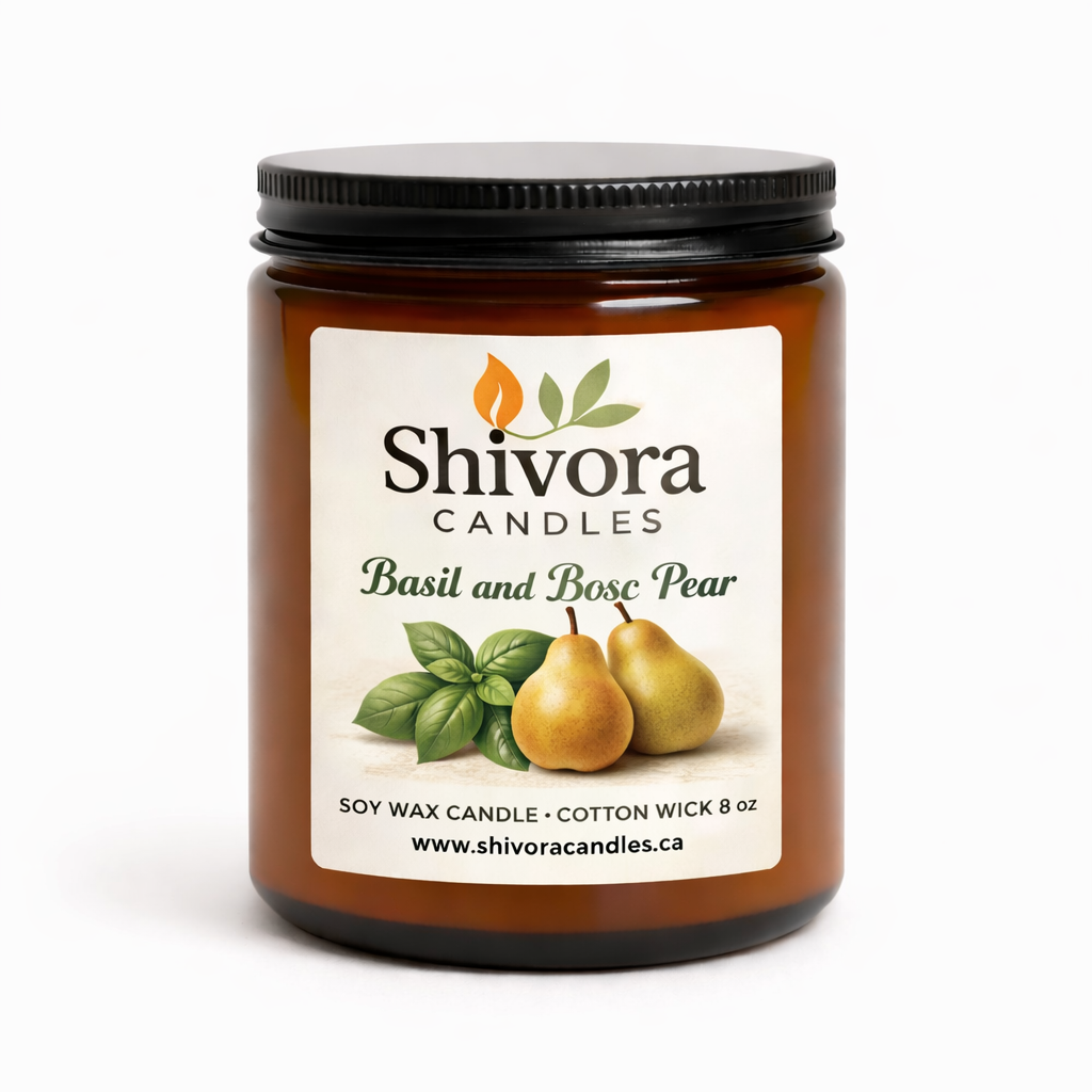 Basil and Bosc Pear 8 oz cotton wick soy candle hand-poured in Ontario Canada